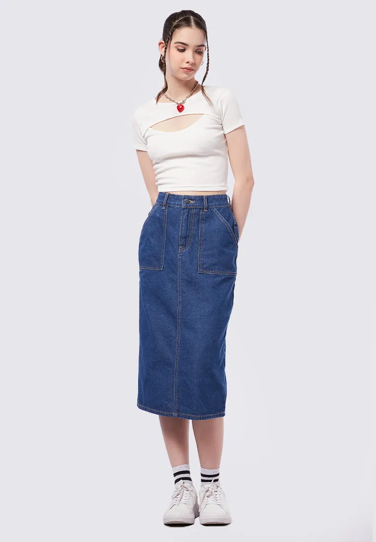 Contrast Stitch Midi Denim Skirt