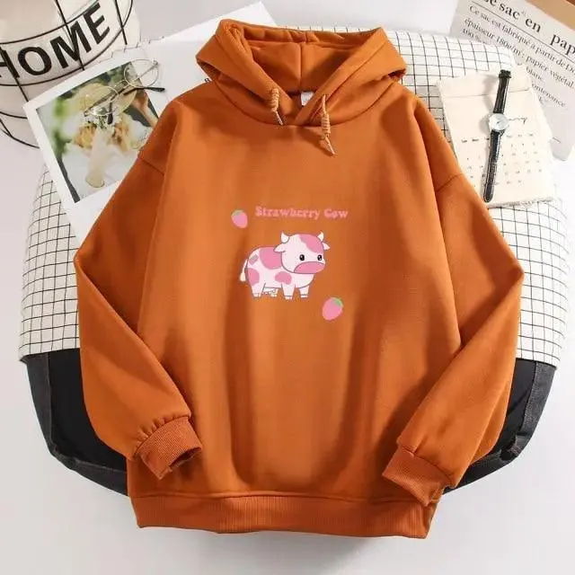 Cool Cow Print Hoodie Strawberry Casual Pullover Oversized Sweatshirt Pullover Sweatshirts for Women Cute Strawberry Cow Print Hoodie Casual Top Aesthetic Clothes For Women Funny Hoodies