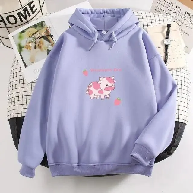 Cool Cow Print Hoodie Strawberry Casual Pullover Oversized Sweatshirt Pullover Sweatshirts for Women Cute Strawberry Cow Print Hoodie Casual Top Aesthetic Clothes For Women Funny Hoodies