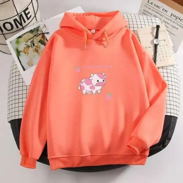 Cool Cow Print Hoodie Strawberry Casual Pullover Oversized Sweatshirt Pullover Sweatshirts for Women Cute Strawberry Cow Print Hoodie Casual Top Aesthetic Clothes For Women Funny Hoodies