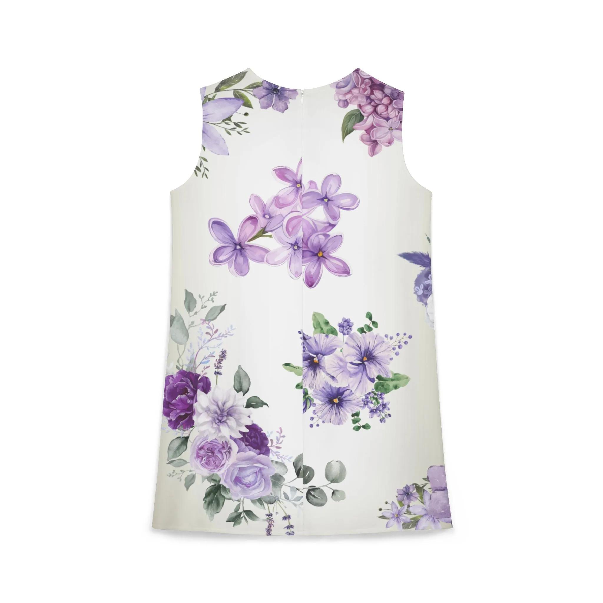 Cream Purple Green Floral Black A-line Sleeveless Dress
