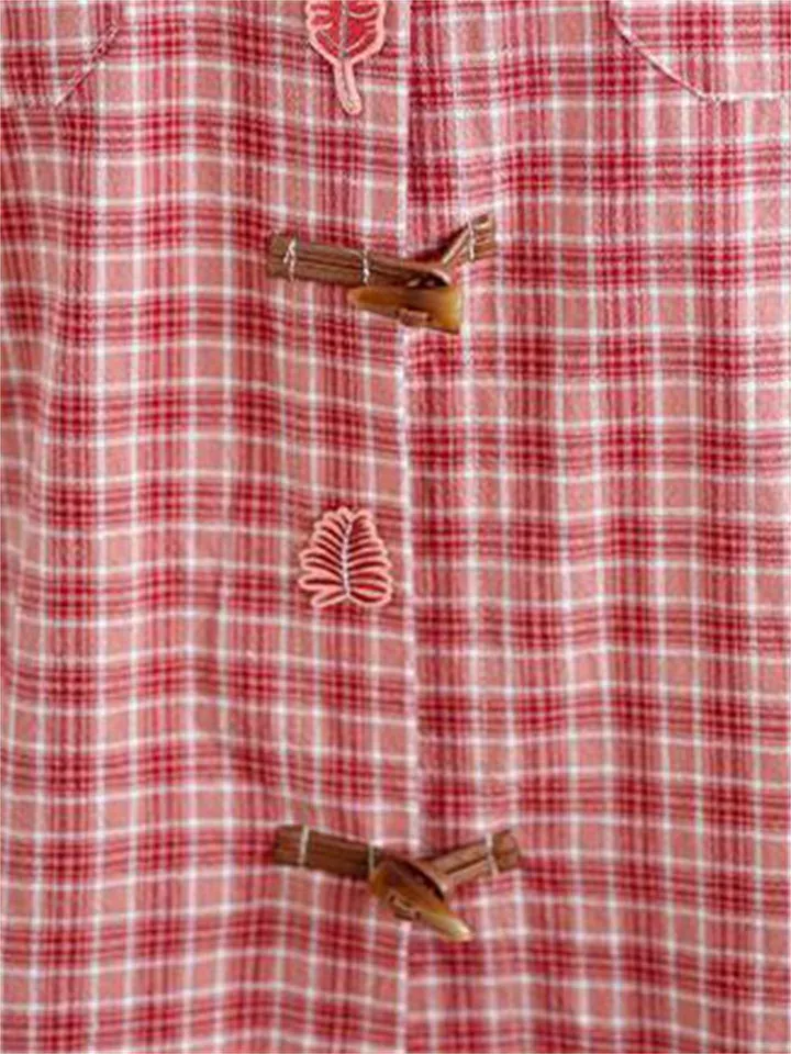 Cute Leaf Patch Button Up Lapel Retro Plaid Shirt for Women