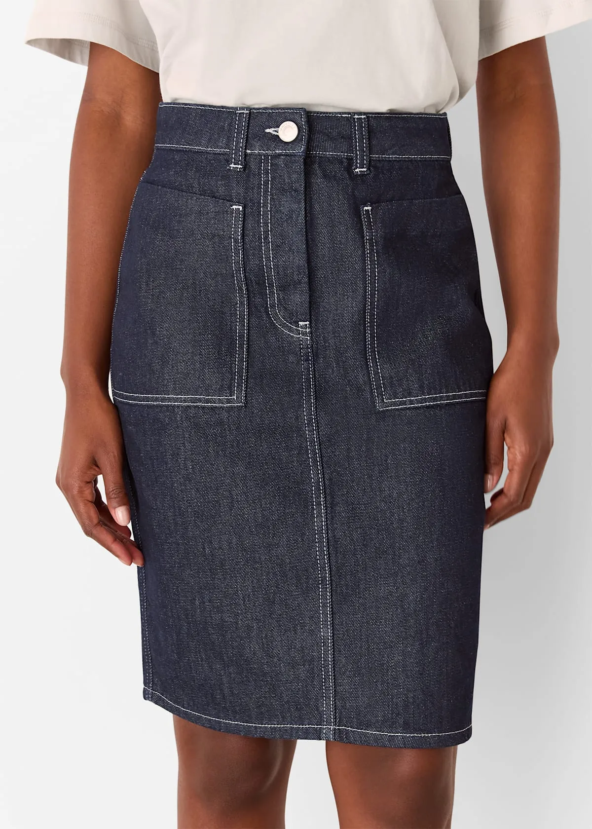 Dark Denim Contrast Stitch Midi Skirt