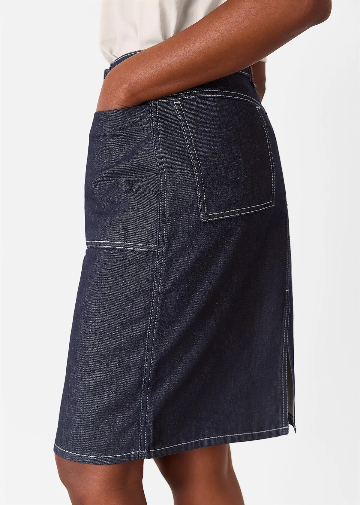 Dark Denim Contrast Stitch Midi Skirt