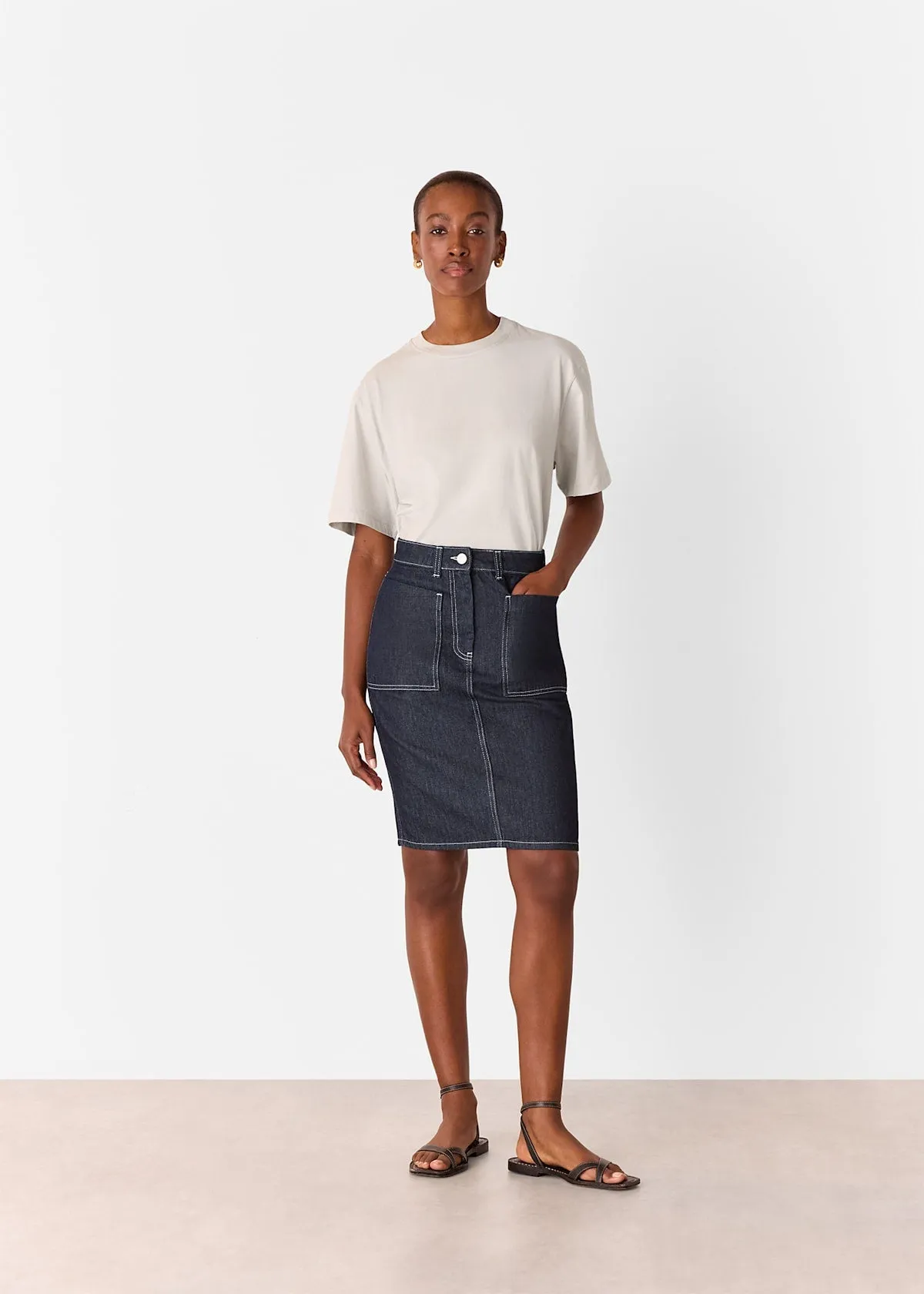 Dark Denim Contrast Stitch Midi Skirt