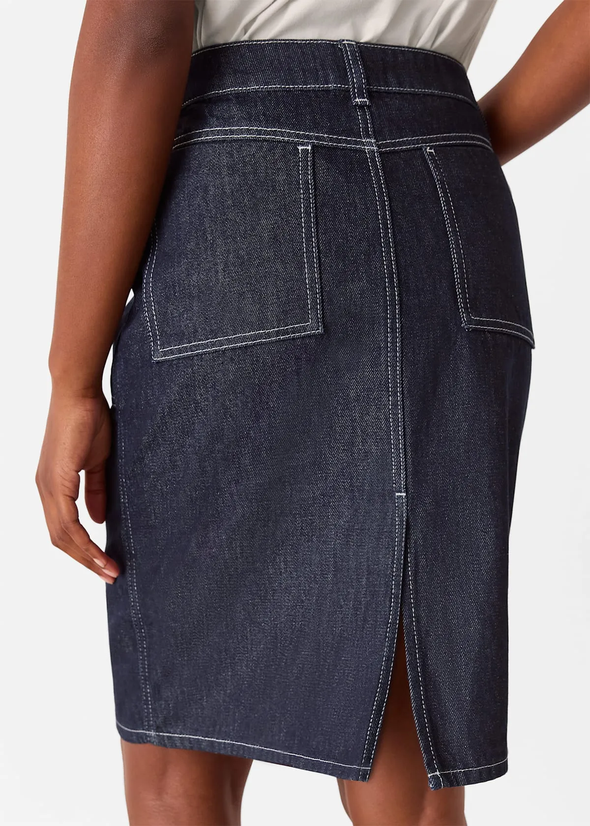 Dark Denim Contrast Stitch Midi Skirt