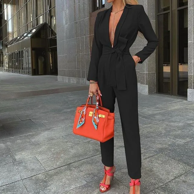 Deep V-Neck Office Lady Jumpsuits For Women
