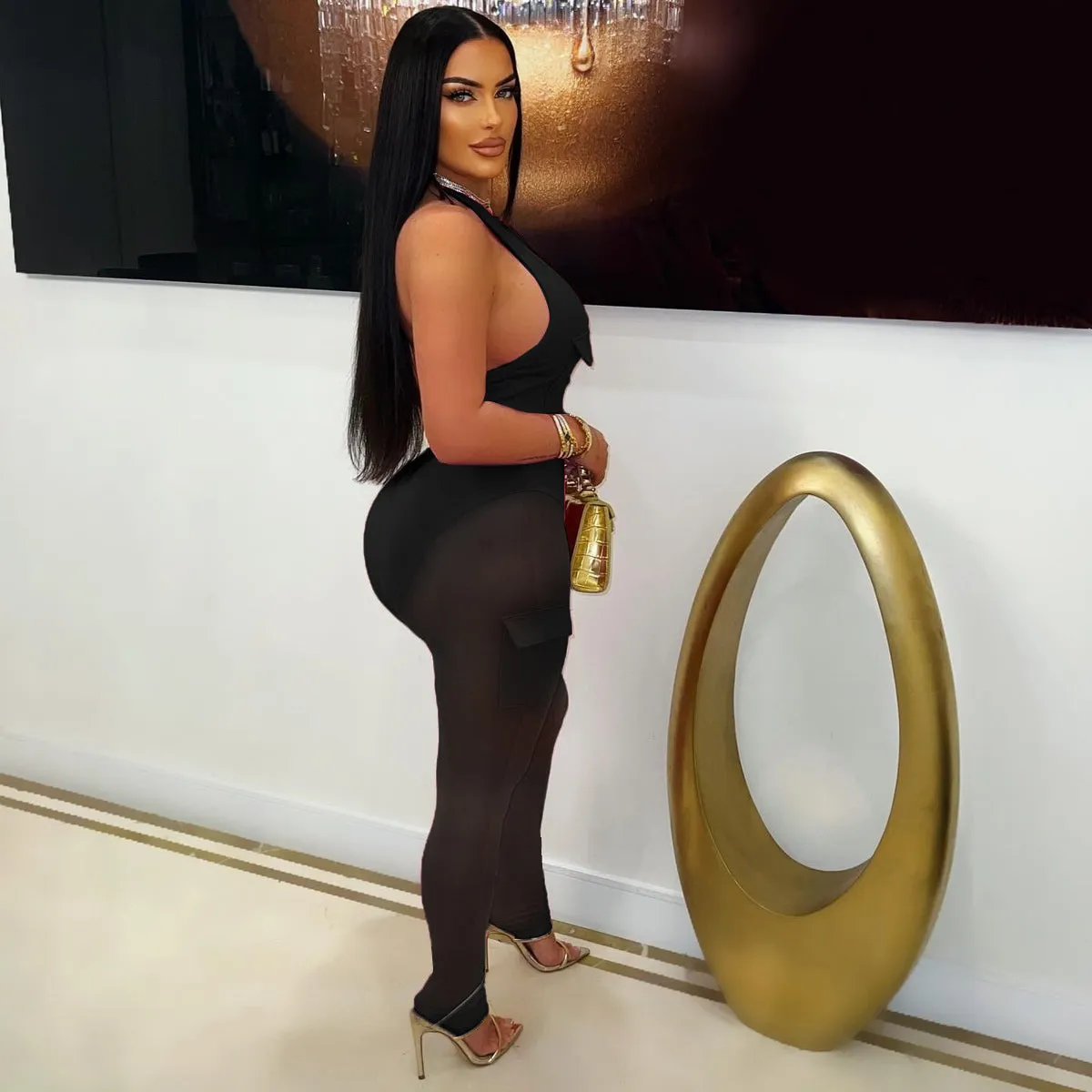 Deep V-neck sleeveless bodycon vest pocket mesh jumpsuit