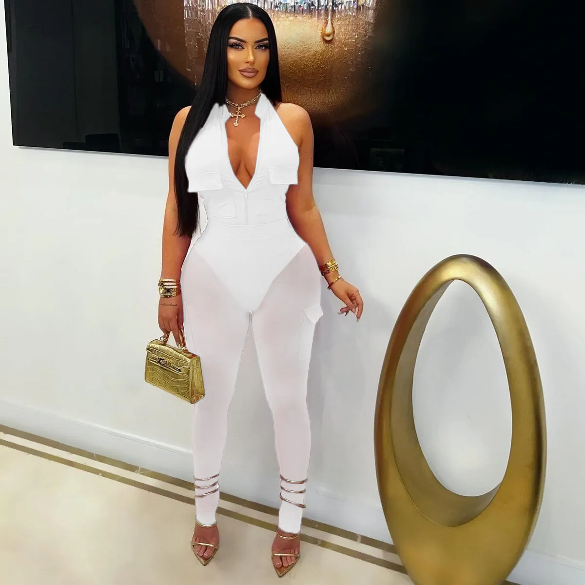 Deep V-neck sleeveless bodycon vest pocket mesh jumpsuit