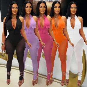 Deep V-neck sleeveless bodycon vest pocket mesh jumpsuit