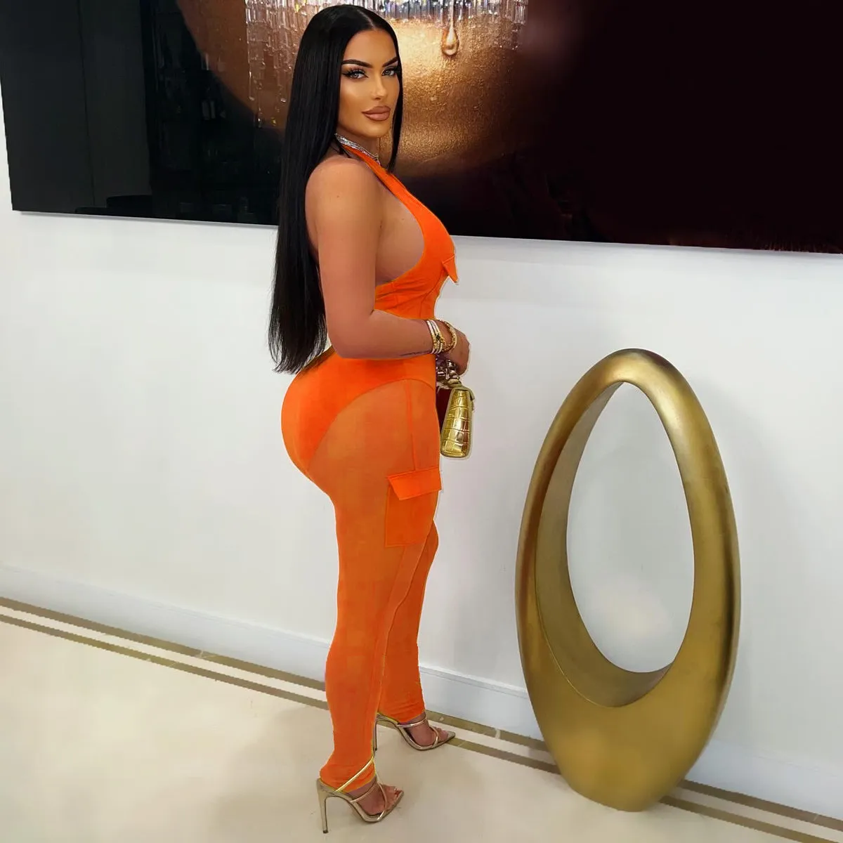 Deep V-neck sleeveless bodycon vest pocket mesh jumpsuit
