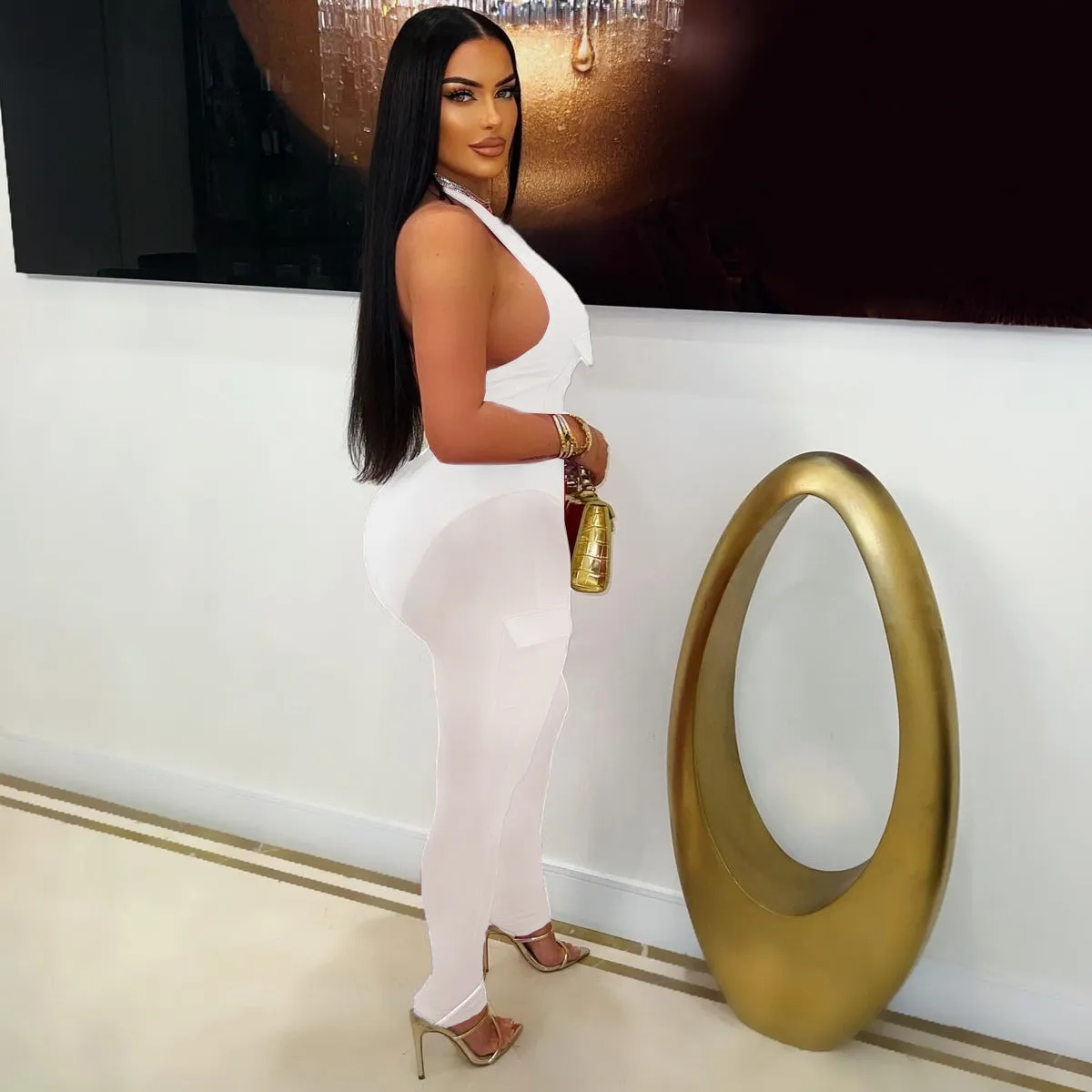 Deep V-neck sleeveless bodycon vest pocket mesh jumpsuit