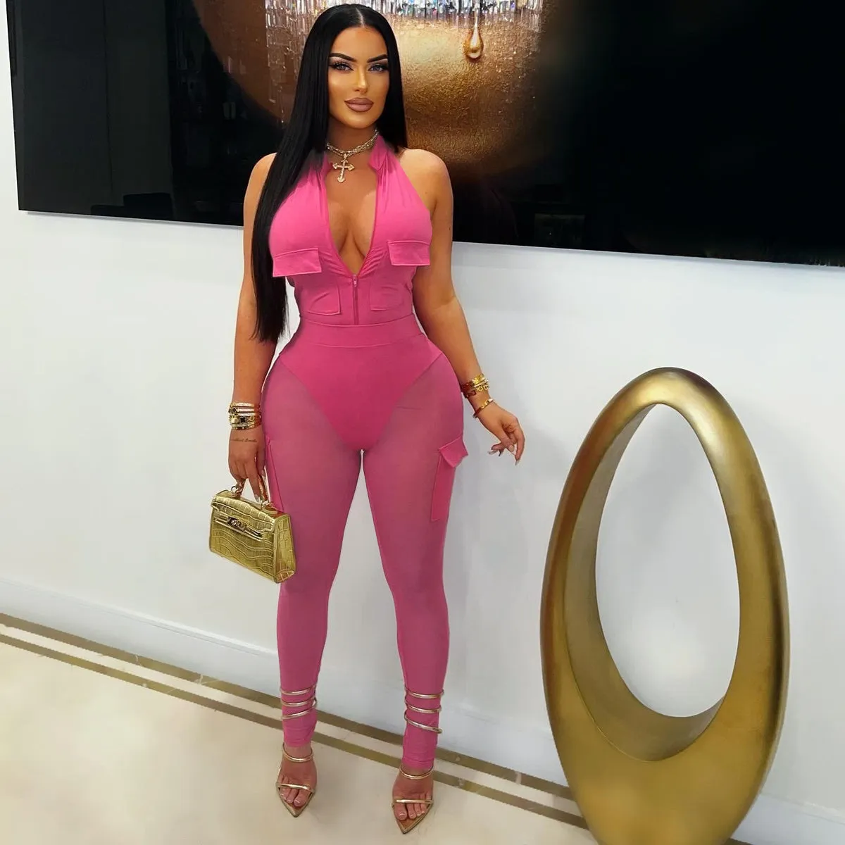 Deep V-neck sleeveless bodycon vest pocket mesh jumpsuit