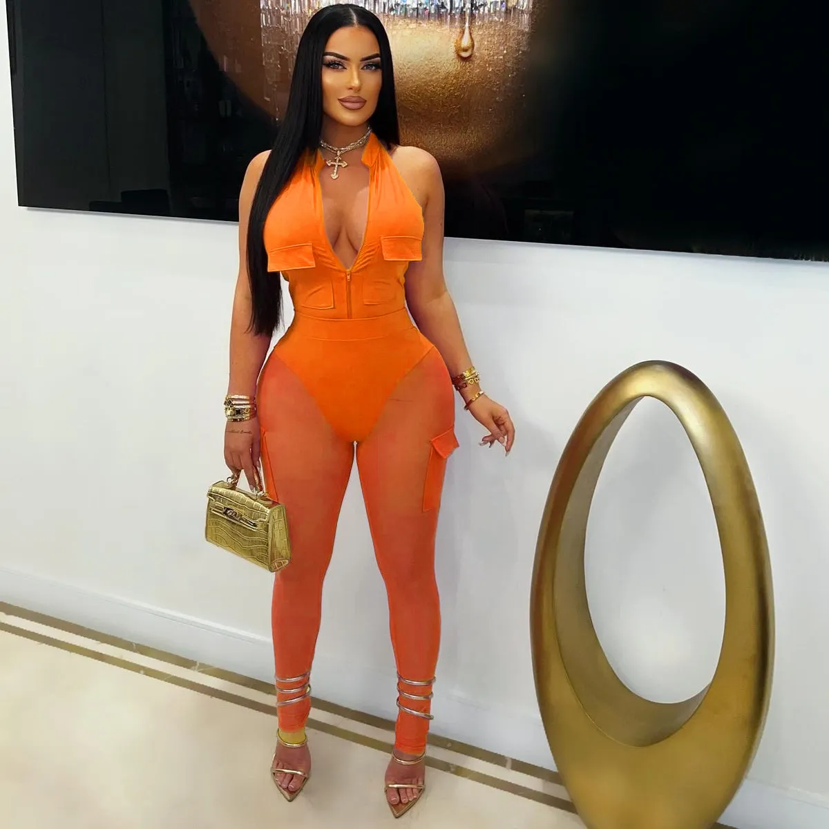 Deep V-neck sleeveless bodycon vest pocket mesh jumpsuit