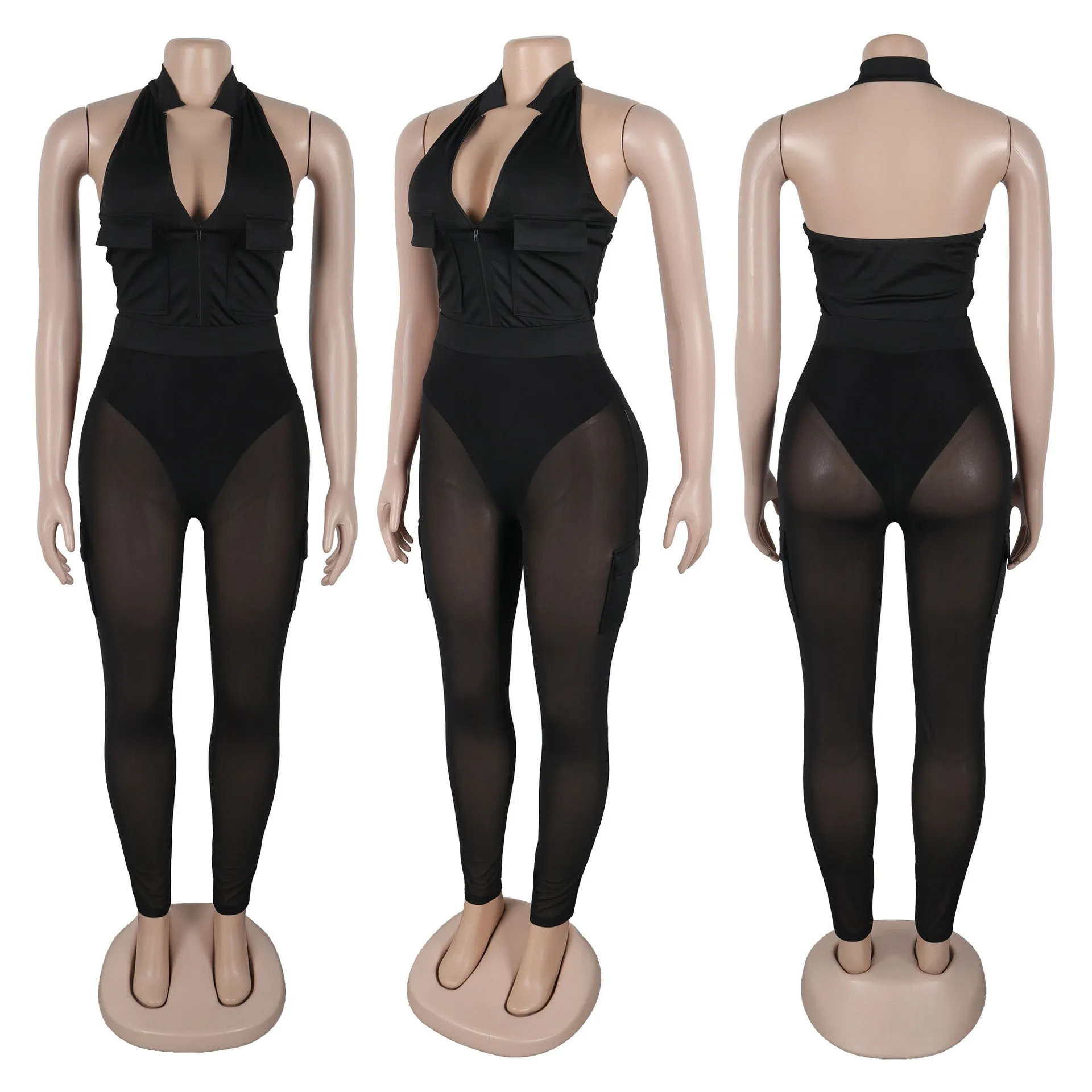 Deep V-neck sleeveless bodycon vest pocket mesh jumpsuit