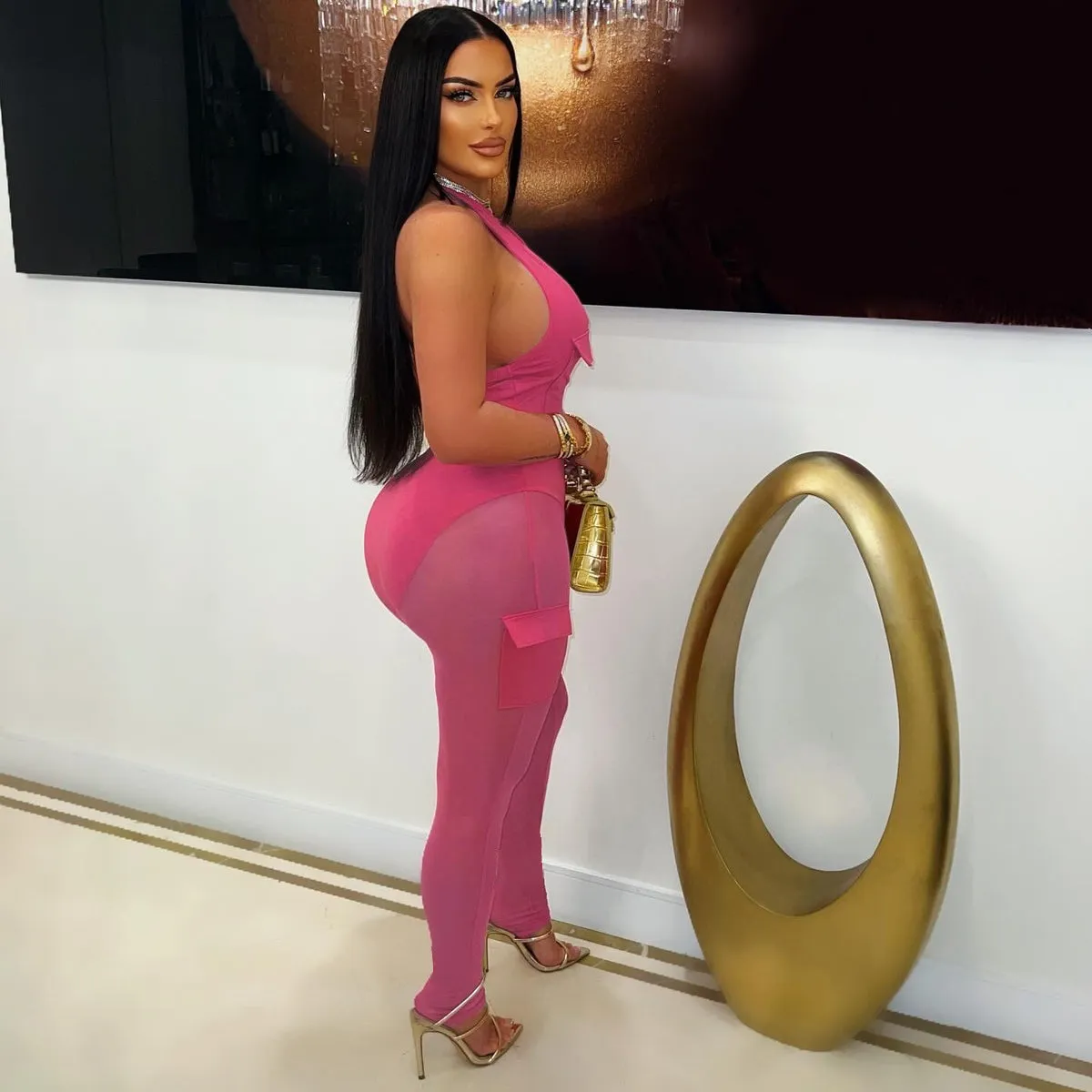 Deep V-neck sleeveless bodycon vest pocket mesh jumpsuit
