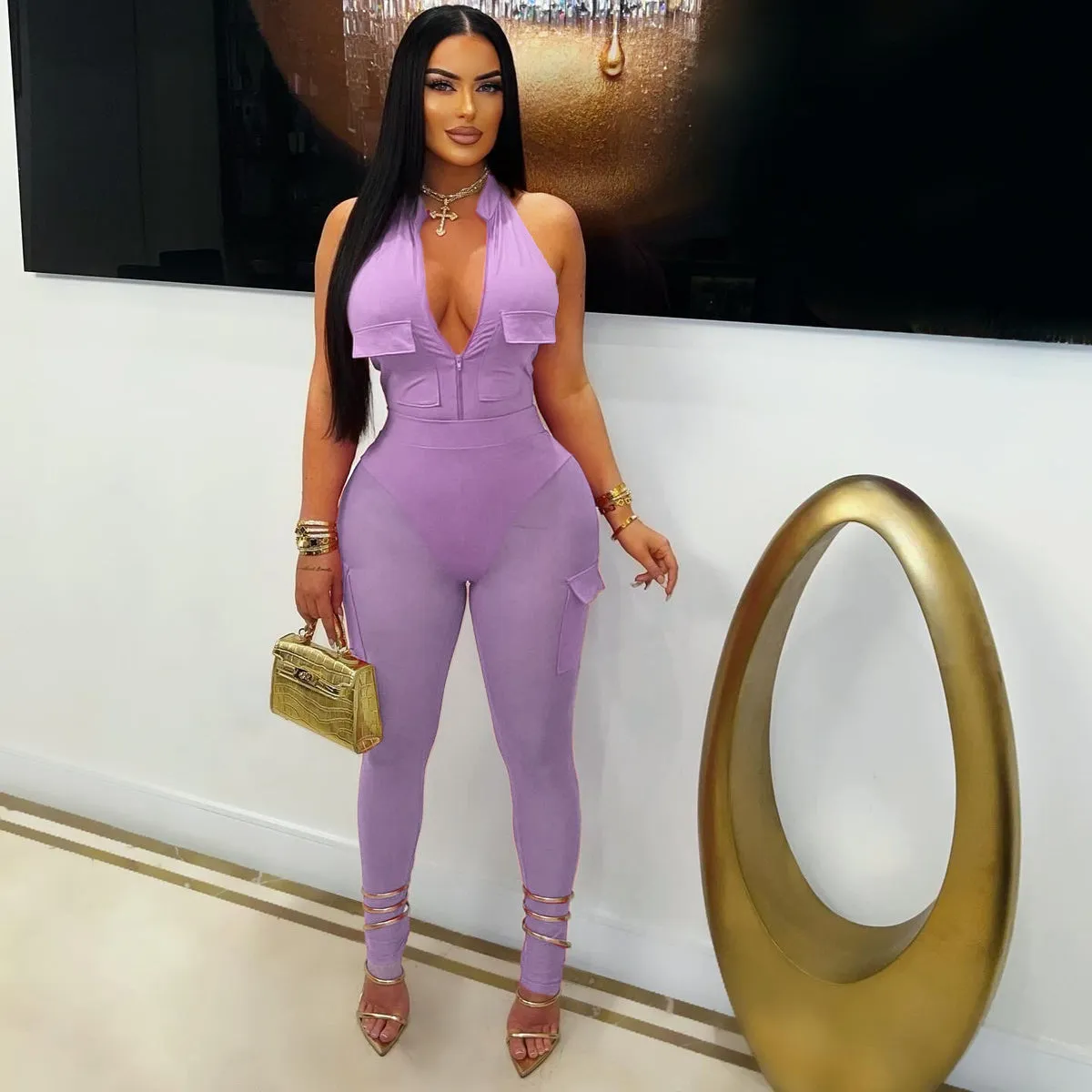 Deep V-neck sleeveless bodycon vest pocket mesh jumpsuit