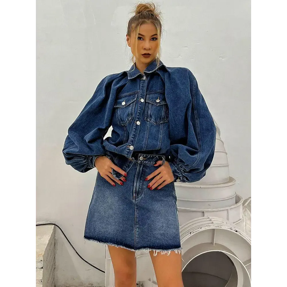 Denim Jacket with Twin Chest Pockets and Distressed Mini Skirt Set