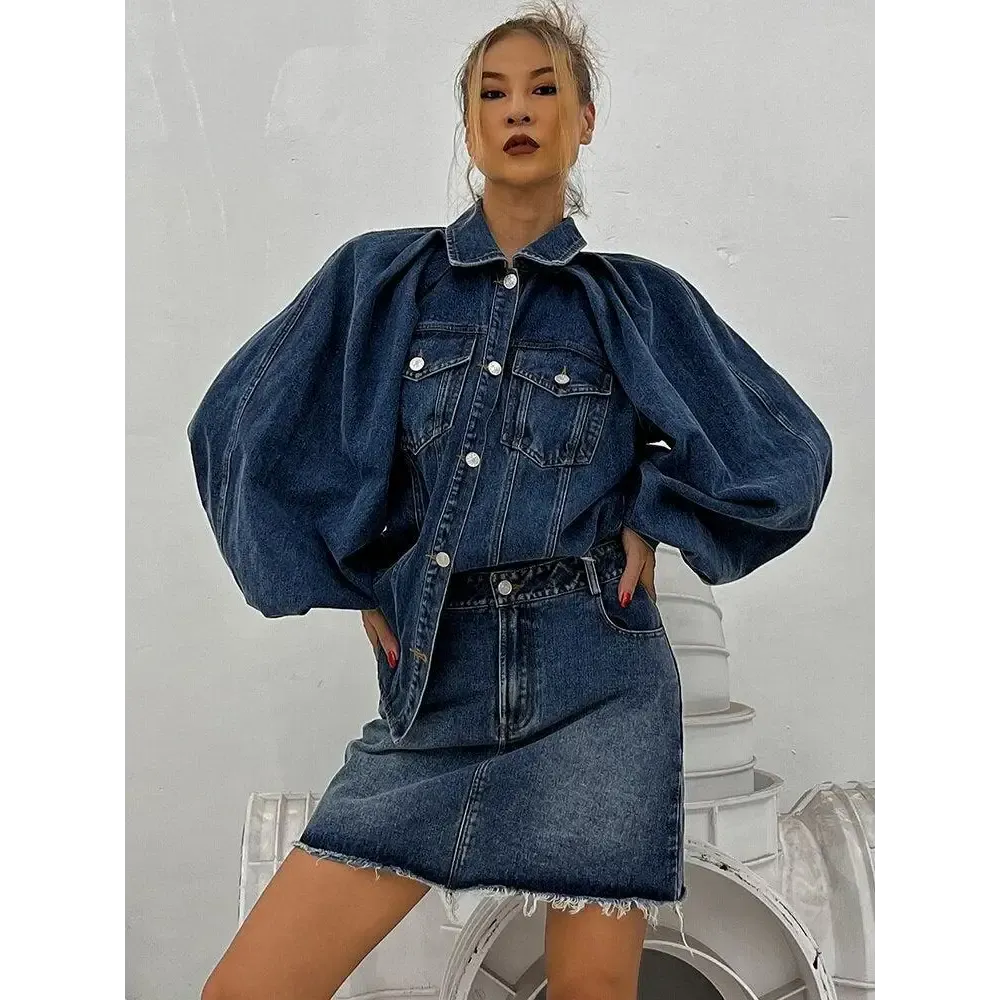 Denim Jacket with Twin Chest Pockets and Distressed Mini Skirt Set