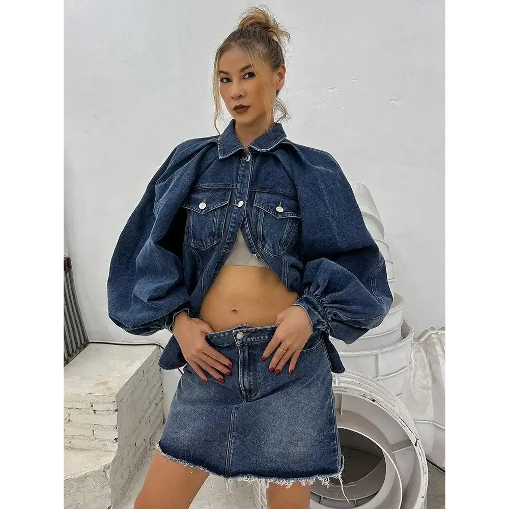 Denim Jacket with Twin Chest Pockets and Distressed Mini Skirt Set