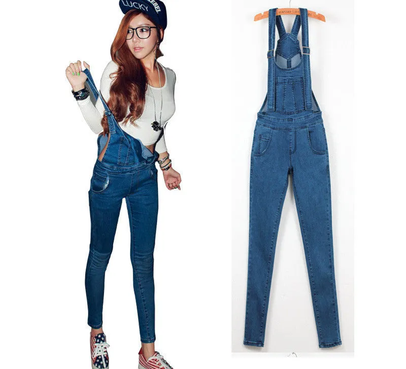 Denim Jumpsuits Women Romper Long Pants Jeans Skinny Overalls Suspender Female Slim Catsuit