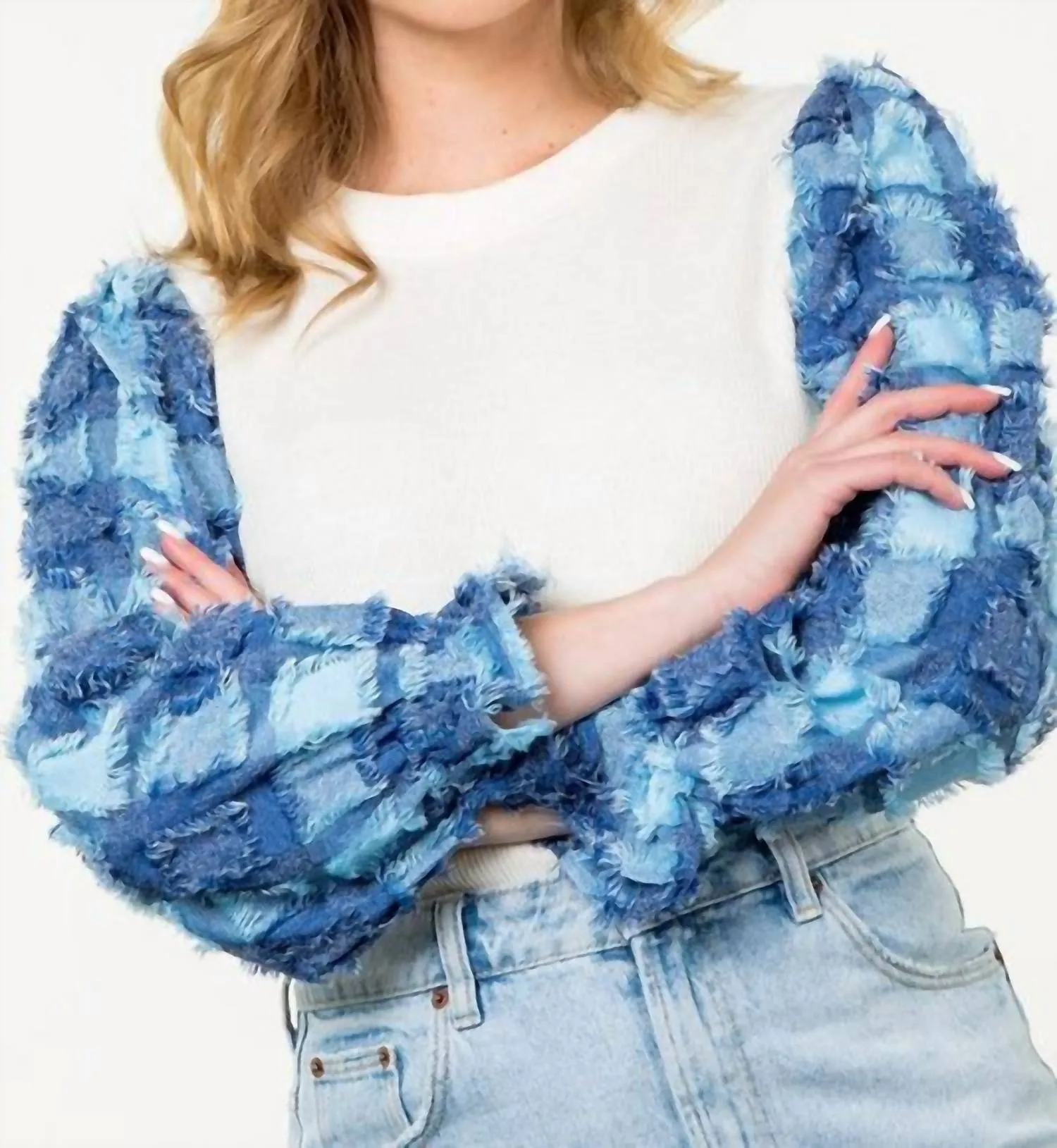 Denim Patchwork Sleeve Top In White/ Blue