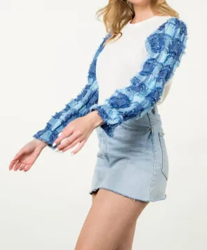 Denim Patchwork Sleeve Top In White/ Blue