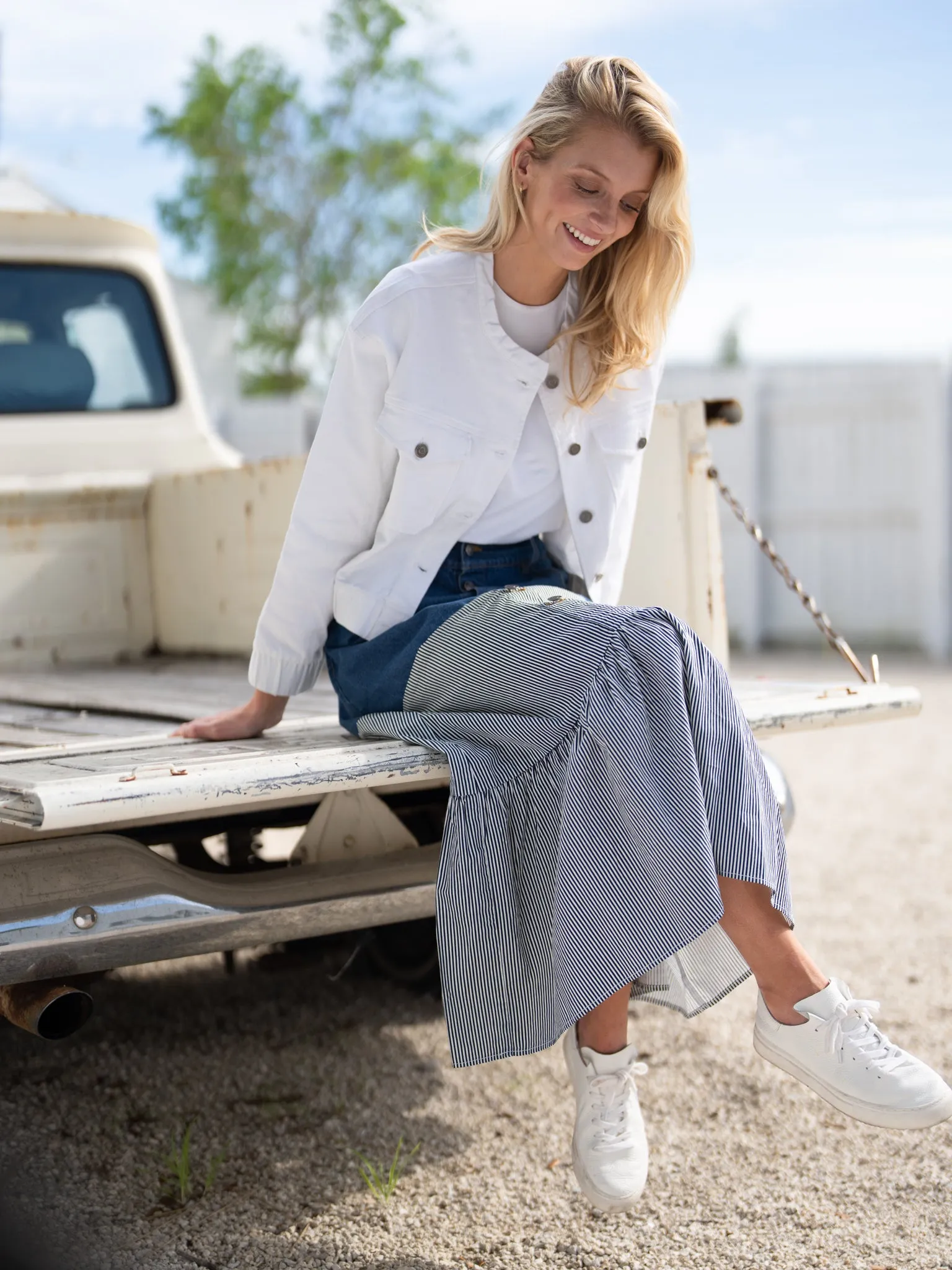 DENIM STRIPE COMBO SKIRT