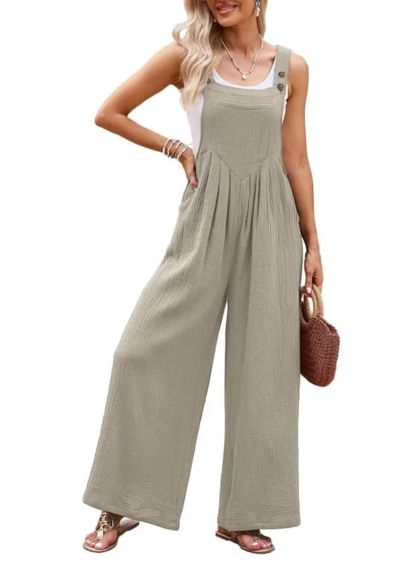 Dokotoo Womens Oversized Khaki Jumpsuits for Women Overalls Loose Casual Wide Leg One Piece Sleeveless Solid Jumpsuit Long Pant Rompers with Pockets 2024 Fashion
