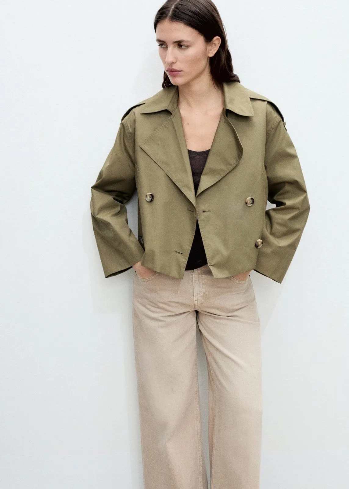 Double-breasted cropped trench coat - Beige/khaki