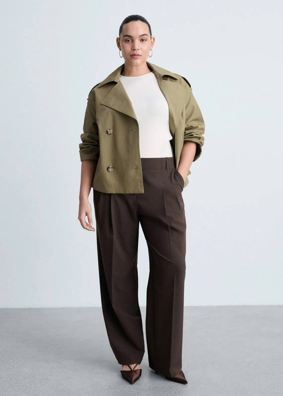 Double-breasted cropped trench coat - Beige/khaki