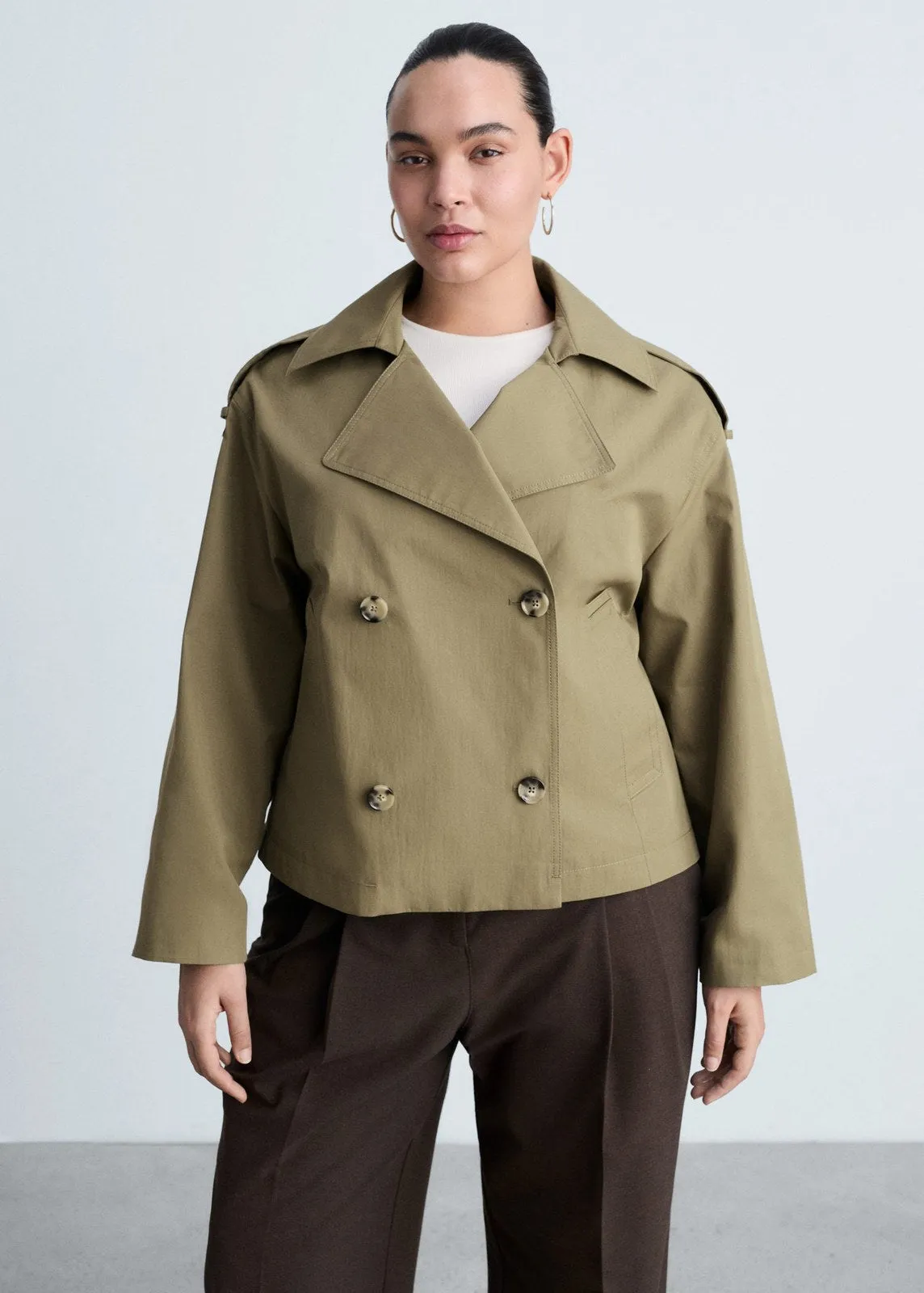 Double-breasted cropped trench coat - Beige/khaki