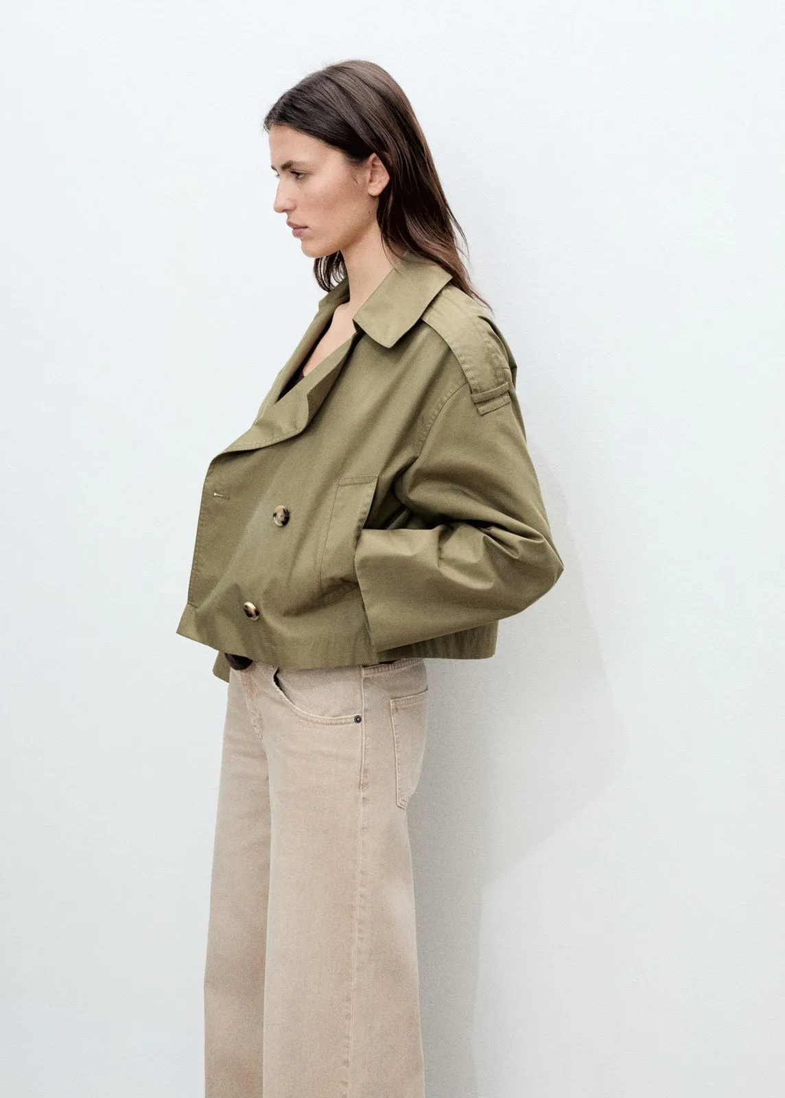 Double-breasted cropped trench coat - Beige/khaki