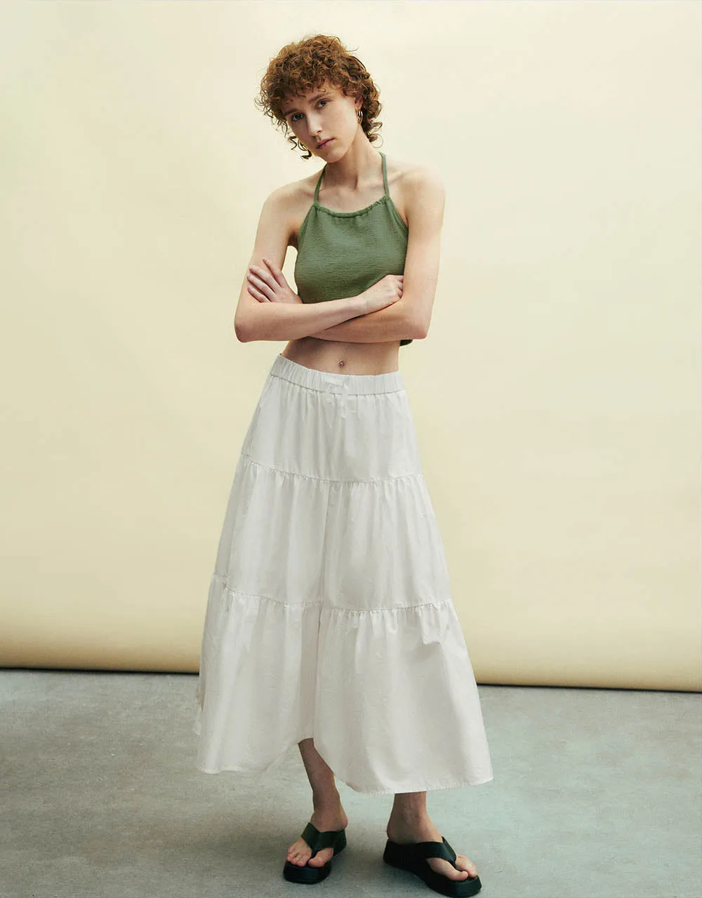 Elastic Waist Midi A-Line Skirt