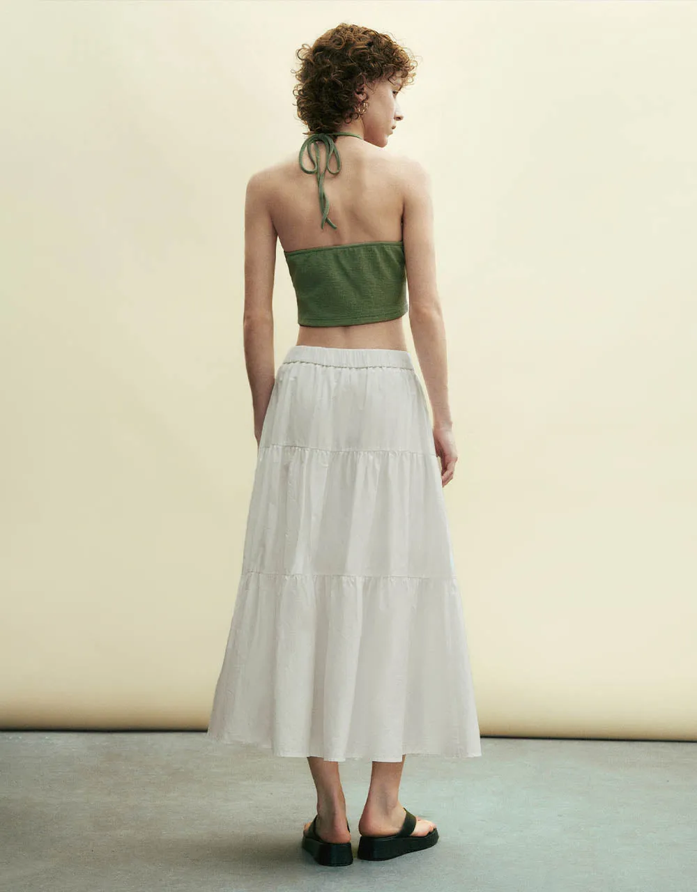 Elastic Waist Midi A-Line Skirt