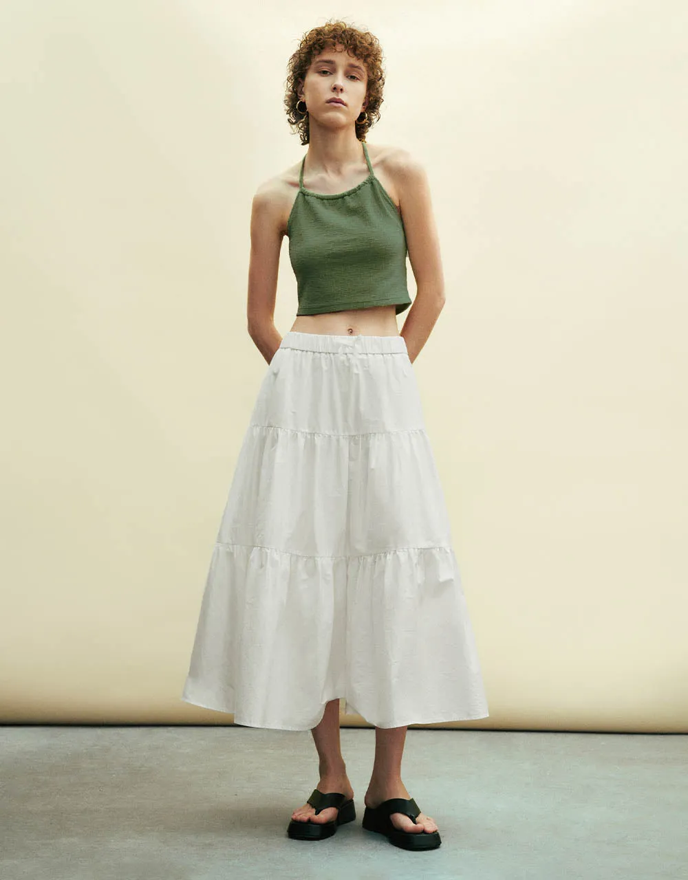Elastic Waist Midi A-Line Skirt