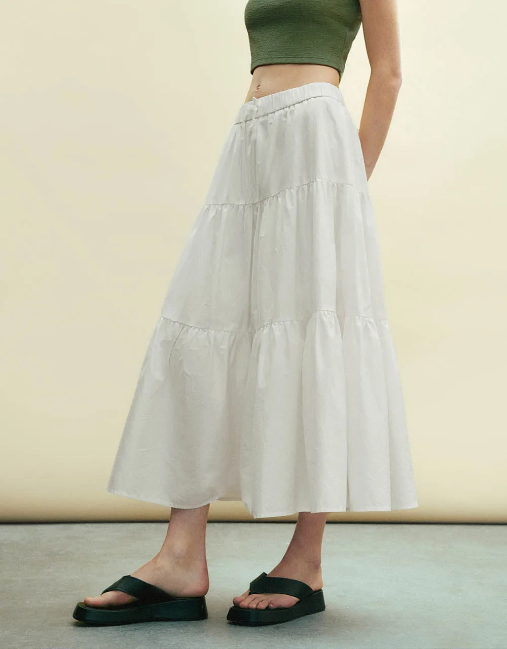 Elastic Waist Midi A-Line Skirt