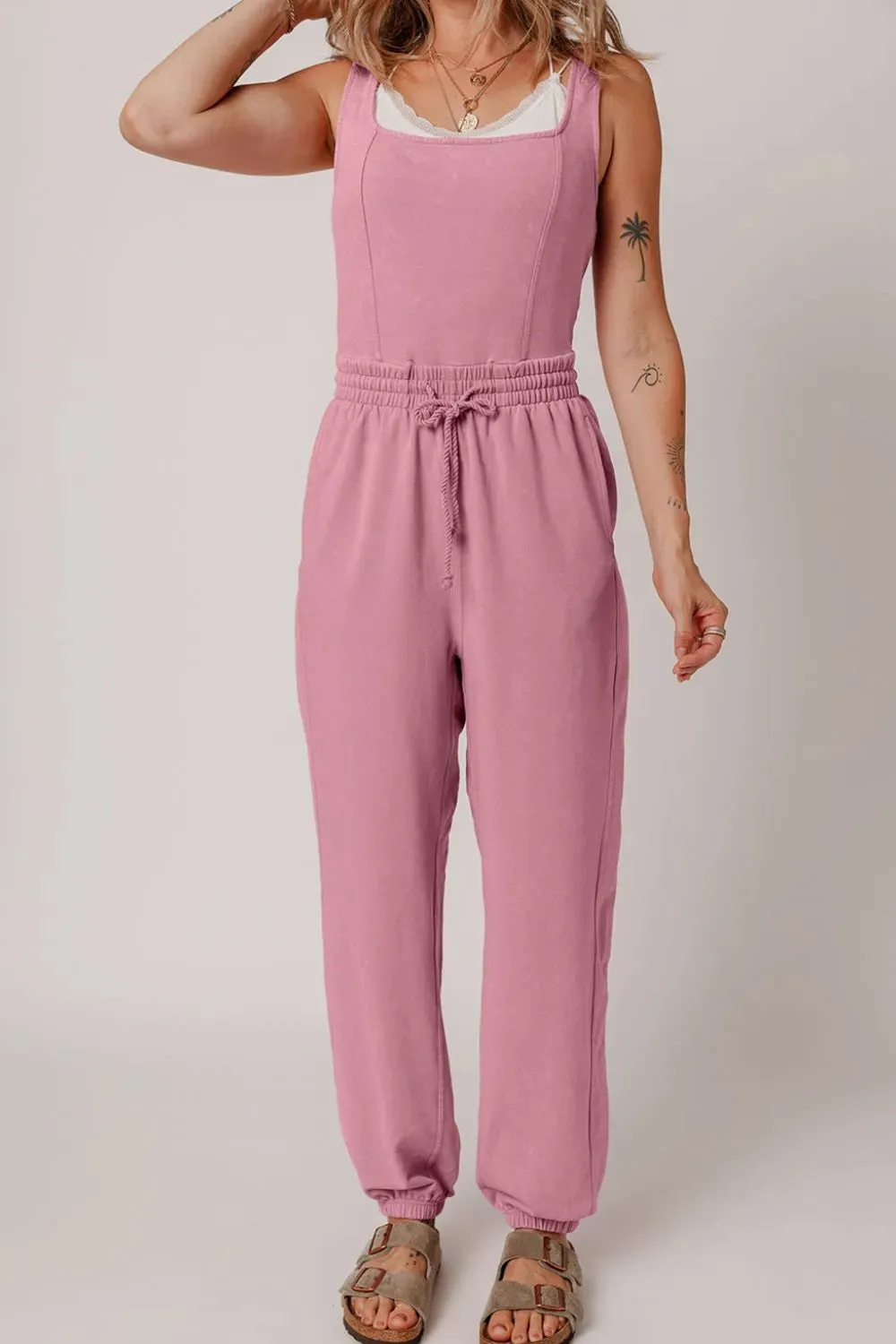 Elastic Waist Sleeveless Square Neck Jumpsuit