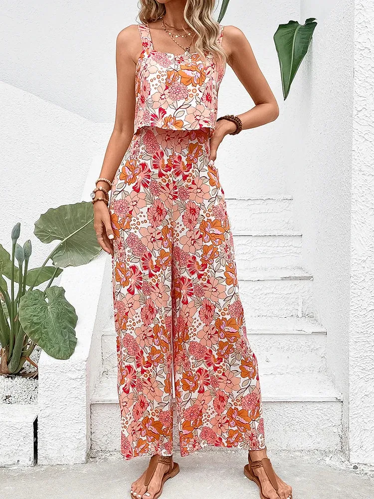 Elegant Long Jumpsuit Women Sexy Backless Wide Leg Jumpsuits Casual Sleeveless Floral Rompers