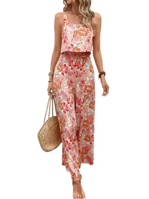 Elegant Long Jumpsuit Women Sexy Backless Wide Leg Jumpsuits Casual Sleeveless Floral Rompers