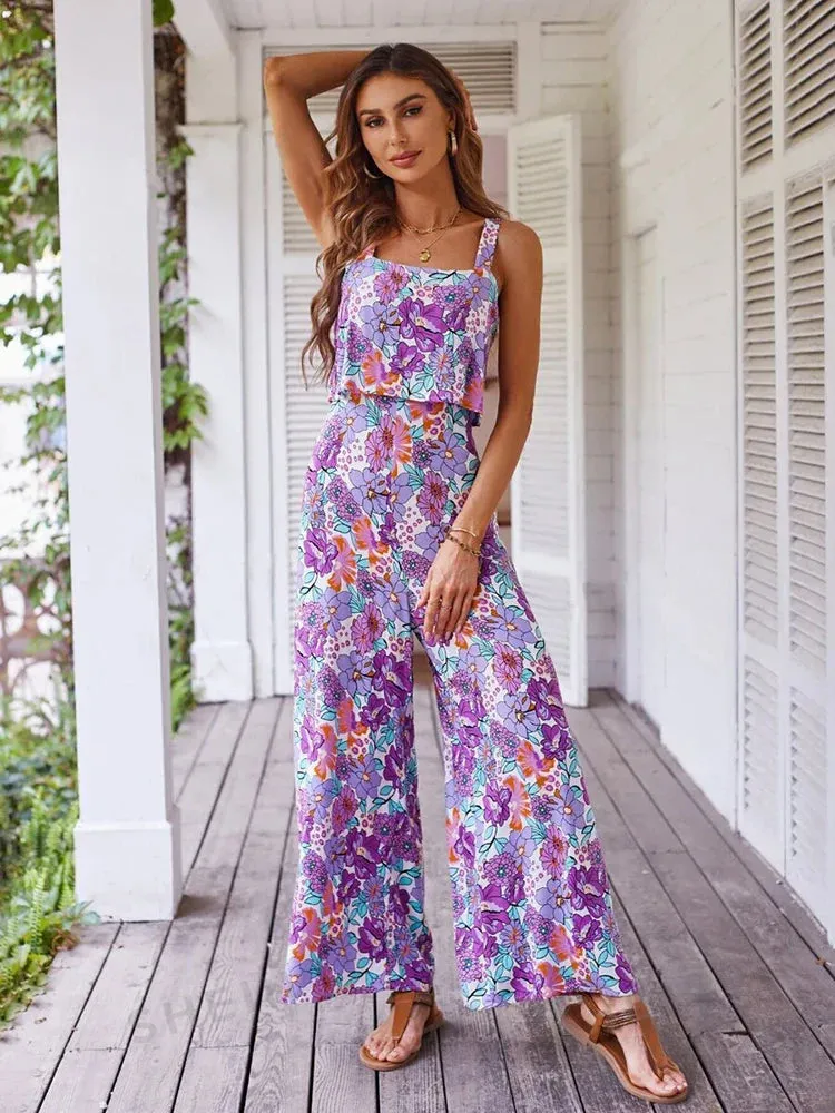 Elegant Long Jumpsuit Women Sexy Backless Wide Leg Jumpsuits Casual Sleeveless Floral Rompers