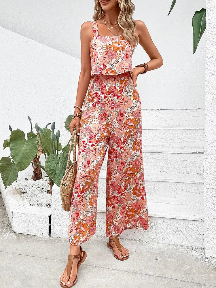 Elegant Long Jumpsuit Women Sexy Backless Wide Leg Jumpsuits Casual Sleeveless Floral Rompers