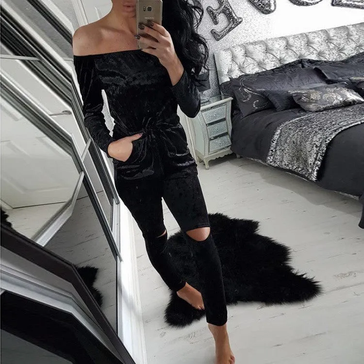 Elegant Off Shoulder Velvet Jumpsuit Women Slim Overalls Rompers Casual Long Pants Ladies Jumpsuits Romper