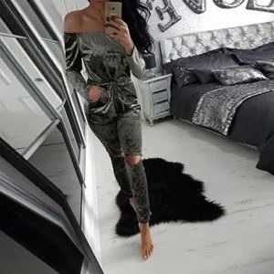 Elegant Off Shoulder Velvet Jumpsuit Women Slim Overalls Rompers Casual Long Pants Ladies Jumpsuits Romper