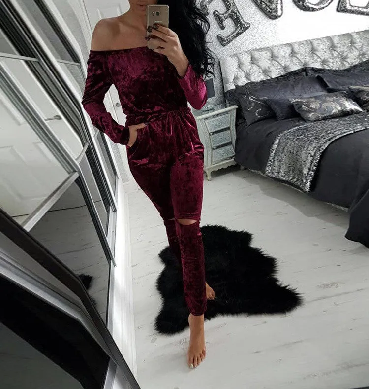 Elegant Off Shoulder Velvet Jumpsuit Women Slim Overalls Rompers Casual Long Pants Ladies Jumpsuits Romper