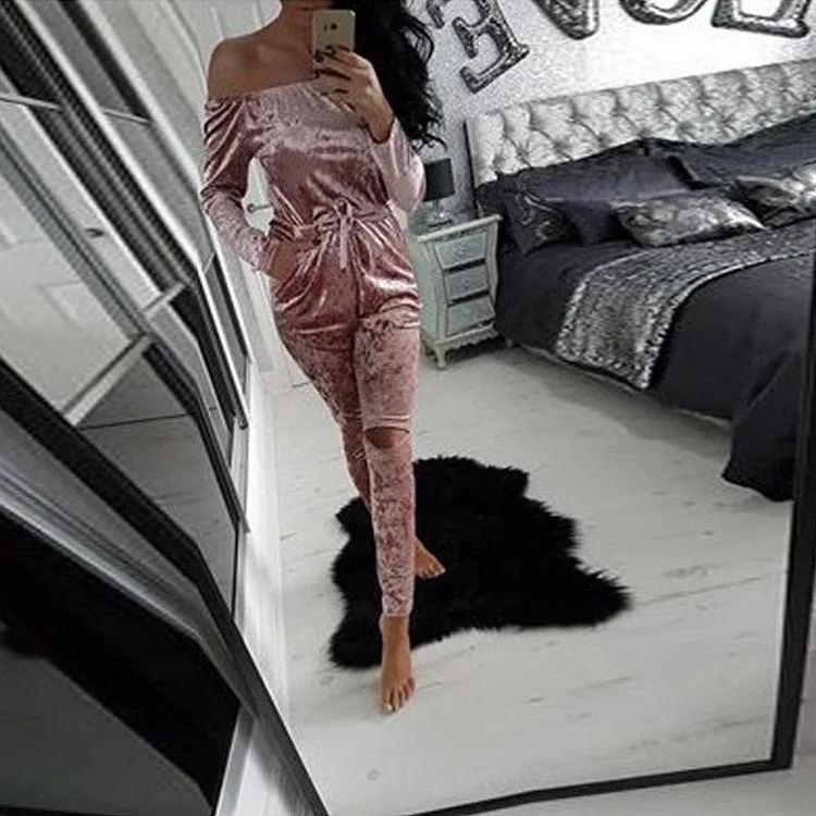 Elegant Off Shoulder Velvet Jumpsuit Women Slim Overalls Rompers Casual Long Pants Ladies Jumpsuits Romper