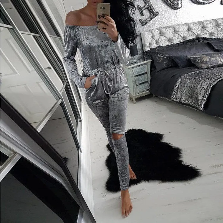 Elegant Off Shoulder Velvet Jumpsuit Women Slim Overalls Rompers Casual Long Pants Ladies Jumpsuits Romper
