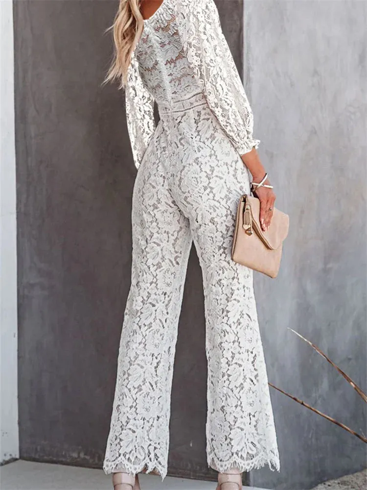 Elegant Women Lace Wide Leg Pants Jumpsuits Solid Color Long Sleeve High Waist V Neck Floral Rompers