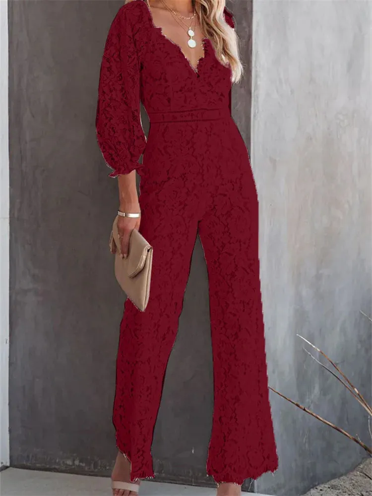 Elegant Women Lace Wide Leg Pants Jumpsuits Solid Color Long Sleeve High Waist V Neck Floral Rompers