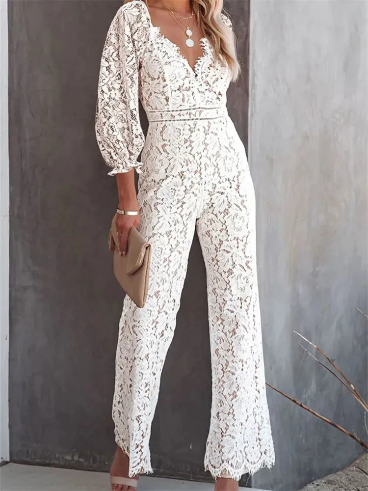 Elegant Women Lace Wide Leg Pants Jumpsuits Solid Color Long Sleeve High Waist V Neck Floral Rompers